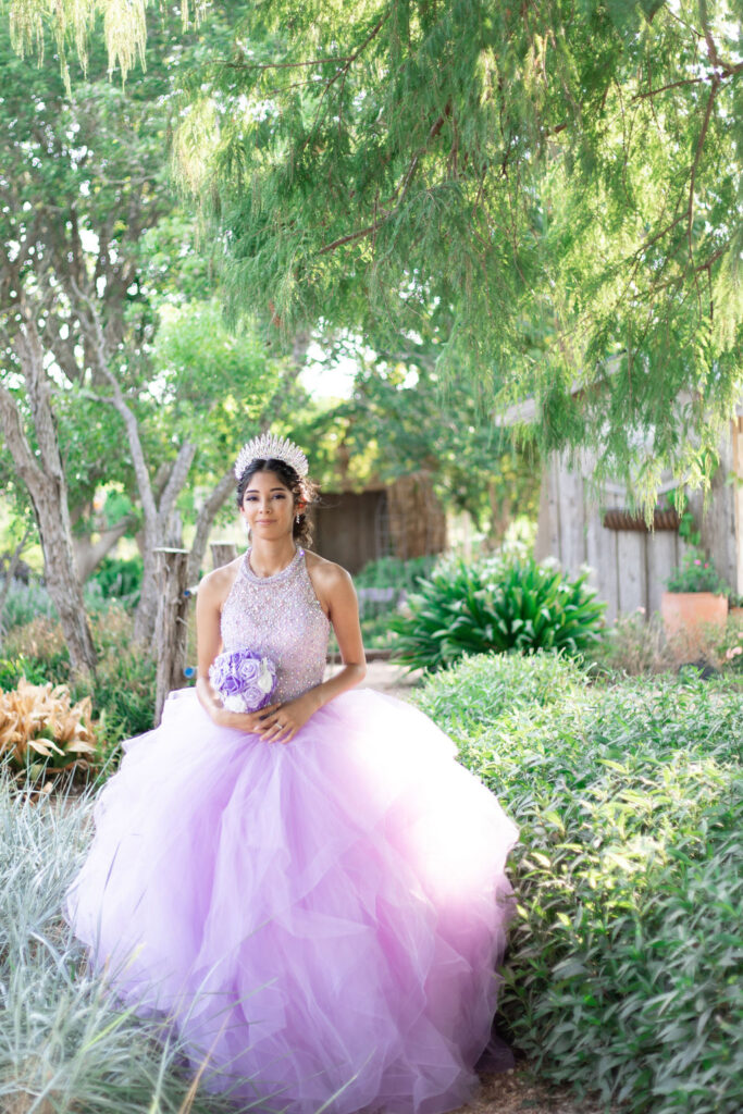 Formal Sweet Sixteen Birthday Portraits Purple Beaded Tulle Gown with Crown Central Texas Garden Cecilly Elaine Photography