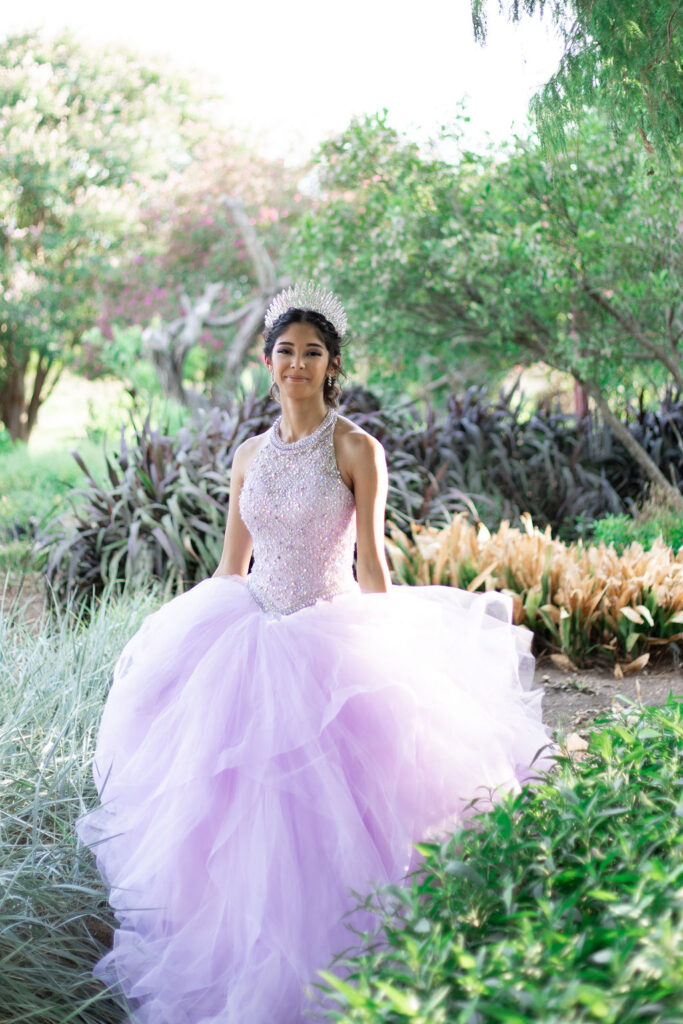 Formal Sweet Sixteen Birthday Portraits Purple Beaded Tulle Gown with Crown Central Texas Garden Cecilly Elaine Photography
