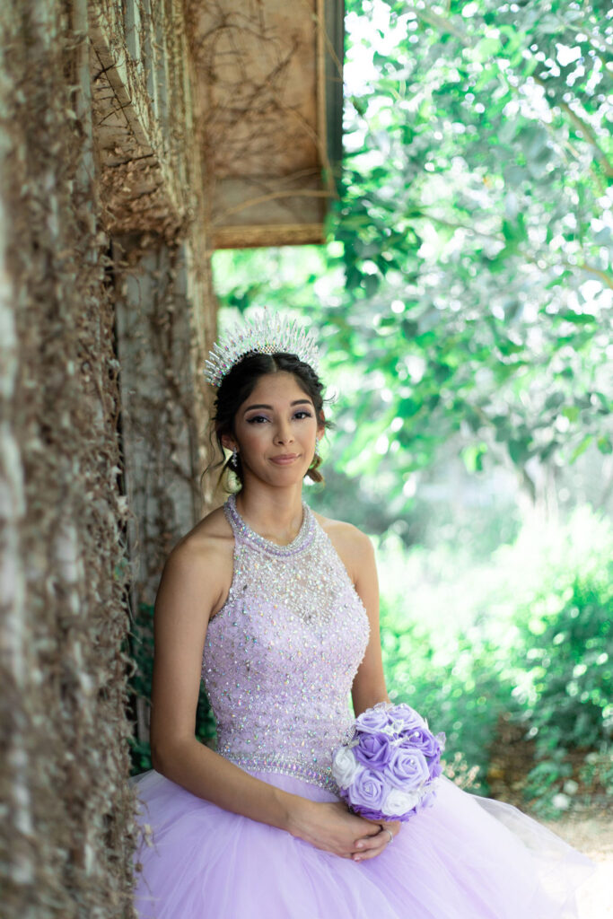 Formal Sweet Sixteen Birthday Portraits Purple Beaded Tulle Gown with Crown Central Texas Cecilly Elaine Photography