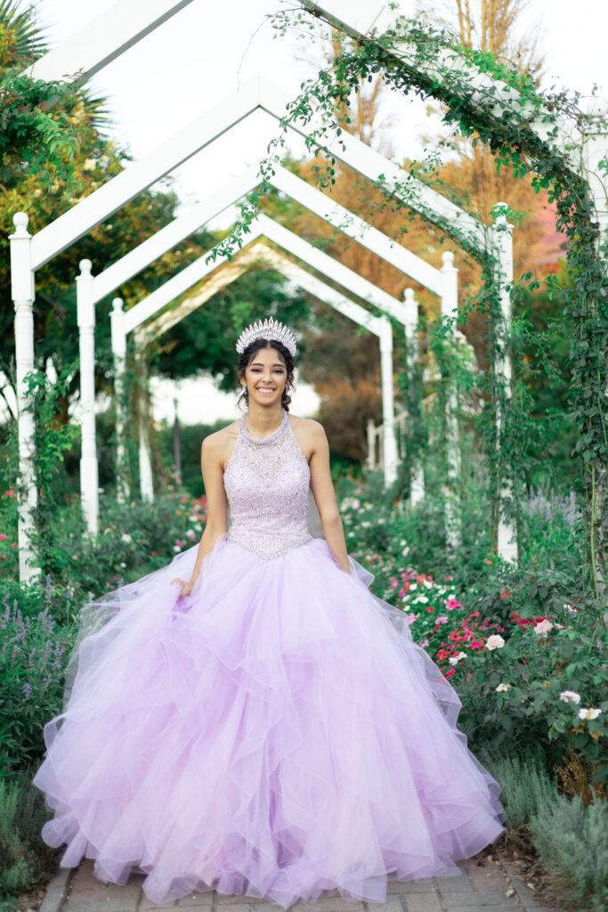 Formal Sweet Sixteen Birthday Portraits Purple Beaded Tulle Gown with Crown Central Texas Cecilly Elaine Photography