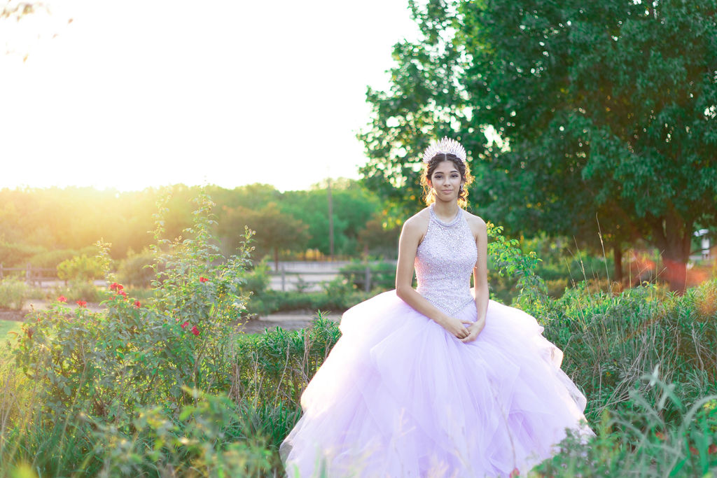 Sunset Formal Sweet Sixteen Birthday Portraits Purple Beaded Tulle Gown with Crown Central Texas Garden Cecilly Elaine Photography