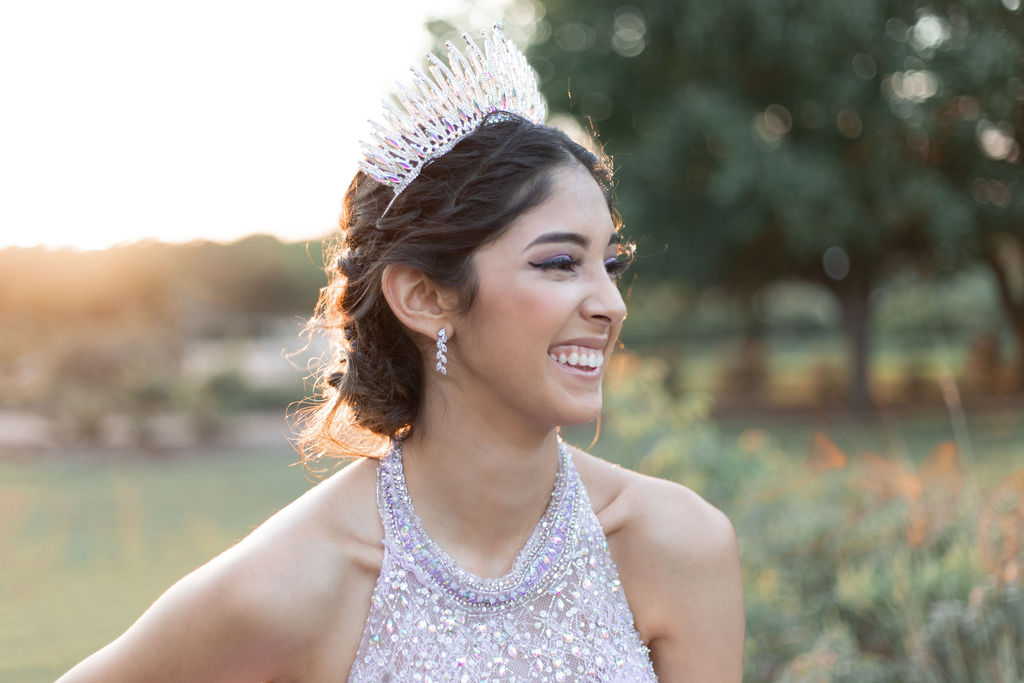 Smiling Formal Sweet Sixteen Birthday Portraits Purple Beaded Tulle Gown with Crown Central Texas Cecilly Elaine Photography