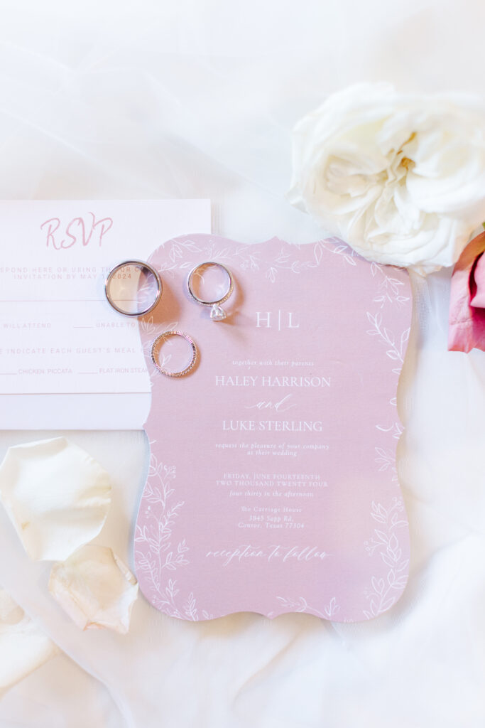 Pink wedding invitation detail flat lay by cecilly elaine photography